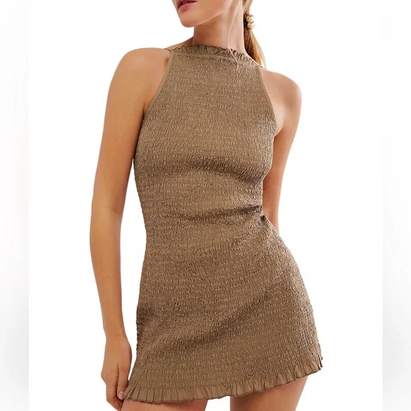 Free People Iyla Smocked Bodycon Mini Dress XS Tan Retro Square High Neck - Picture 1 of 7